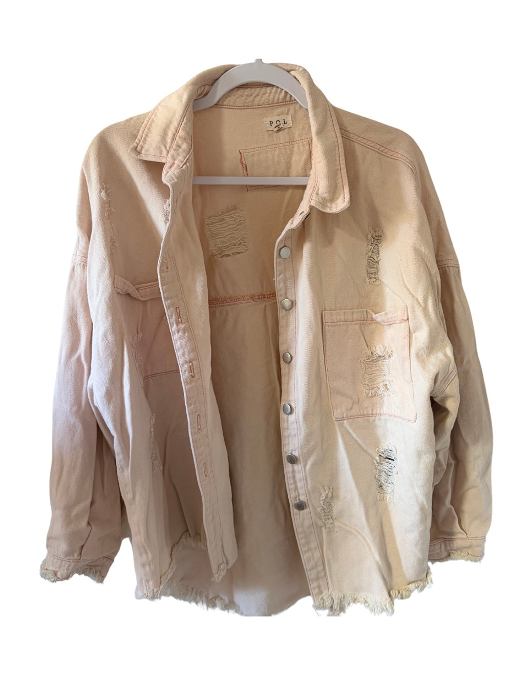 POL Clothing Distressed Denim Button-Down Shacket